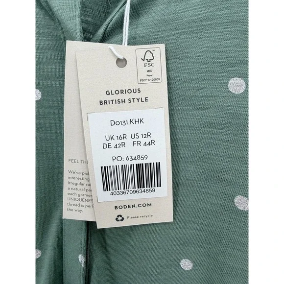 Boden Smocked Button Front Long Sleeve Cotton Blend Dress Green Dots 12R NWT - Picture 8 of 12